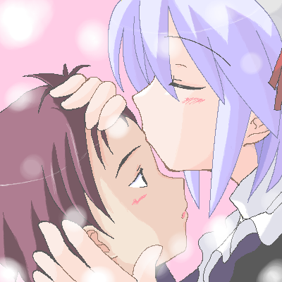 kotonomiya yuki, suigetsu, lowres, 1boy, 1girl, brown hair, closed eyes, couple, from side, hetero, kiss, maid headdress, pink background, portrait, purple hair, simple background, upper body