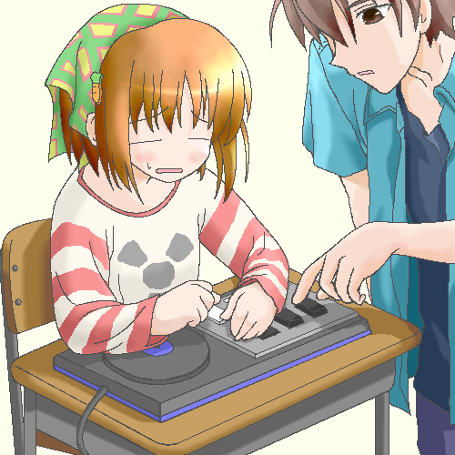 yamato suzuran, beatmania iidx, bemani, suigetsu, lowres, 1boy, 1girl, blue shirt, blush, cable, closed eyes, flower, green headscarf, headscarf, jacket, lily of the valley, long sleeves, machinery, open clothes, open jacket, shirt, short hair, short sleeves, solo focus, table, wavy mouth