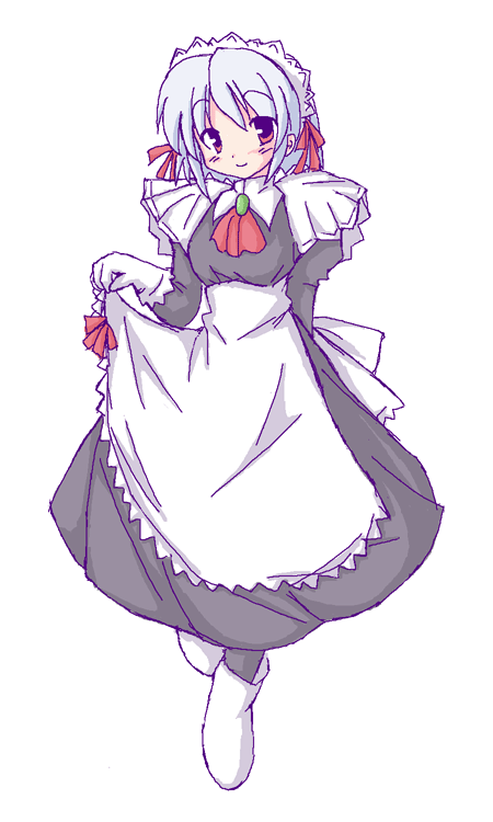 geetsu, kotonomiya yuki, suigetsu, 1girl, ankle boots, apron, black dress, blue hair, blush, boots, clothes lift, dress, dress lift, female focus, full body, looking at viewer, maid, maid apron, red eyes, short hair, simple background, skirt hold, solo, standing, white background