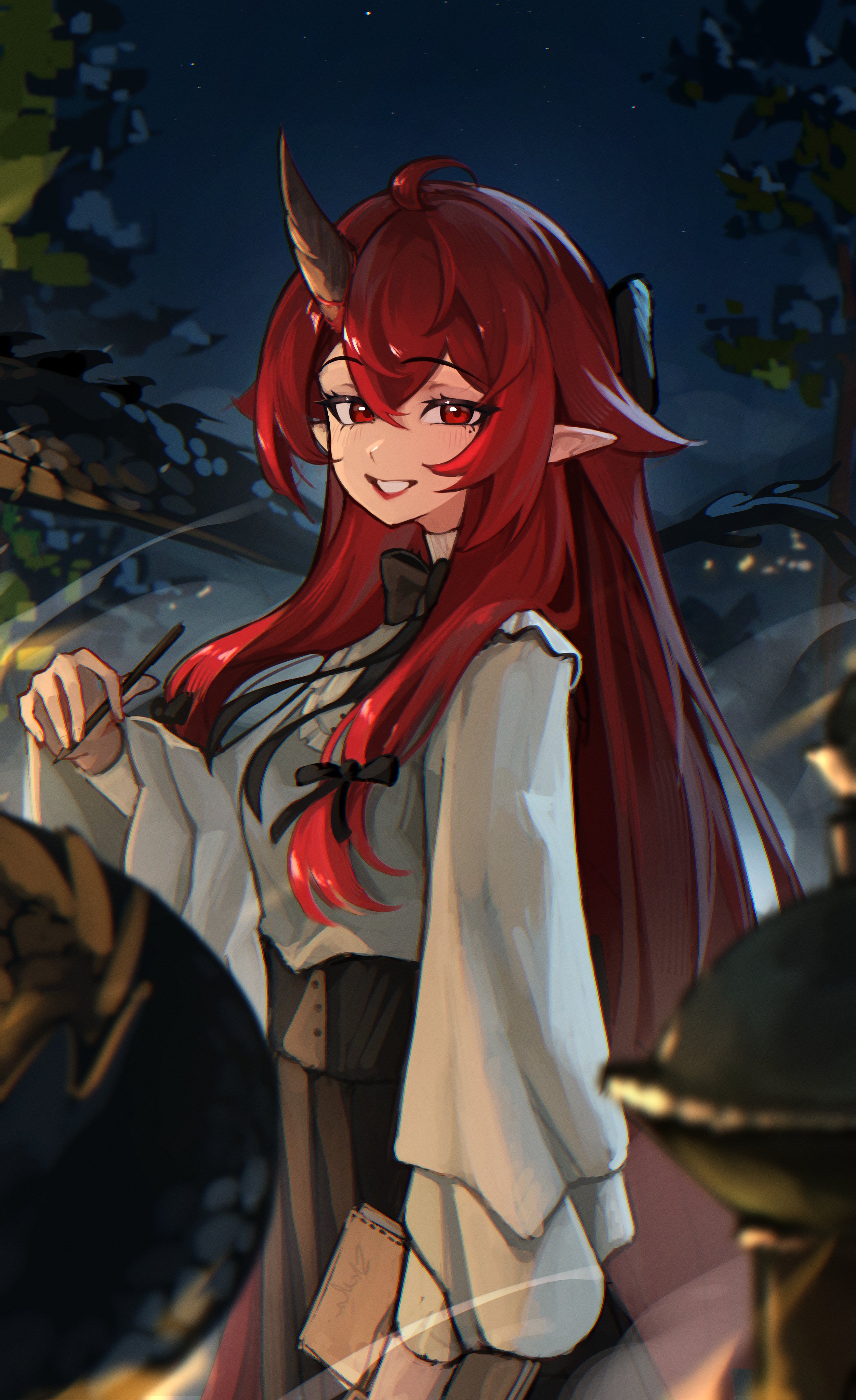 m3ru, absurdres, highres, 1girl, book, borrowed character, bow, hair bow, holding, holding book, holding pen, horns, long hair, looking at viewer, nilva (takoyoomi), pen, pointy ears, red eyes, red hair, single horn