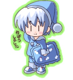 kotonomiya yuki, suigetsu, lowres, 1girl, blush, chibi, chibi only, female focus, full body, nightgown, pajamas, pillow, pom pom beanie, simple background, slippers, solo, standing, white background
