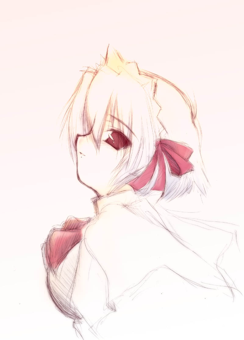 moyuru, kotonomiya yuki, suigetsu, 1girl, ascot, blonde hair, expressionless, female focus, hair ribbon, looking at viewer, maid, parted lips, pink background, red eyes, ribbon, simple background, sketch, solo, upper body