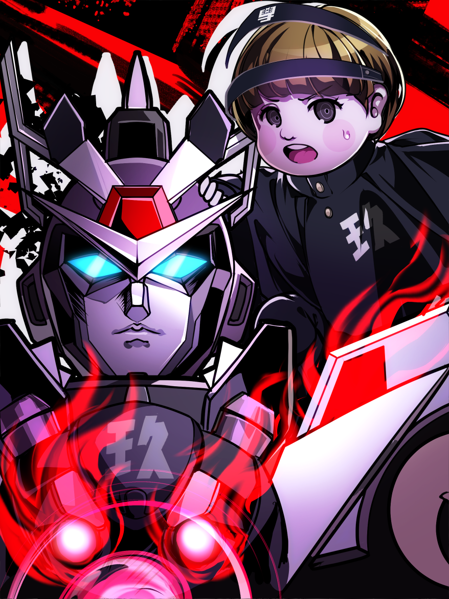 nota sayaka, ginzaki shouma, the hundred line -last defense academy-, 1boy, black background, black cloak, black eyes, brown hair, cloak, drop shadow, headgear, looking at viewer, male focus, mecha, on mecha, open mouth, red background, robot, short hair, sweatdrop, teeth, upper teeth only