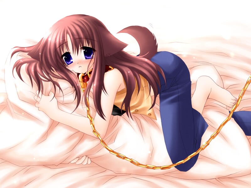 sakurazawa izumi, miyashiro karin, suigetsu, 1girl, animal ears, chain, chain leash, collar, female focus, leash, solo, tail