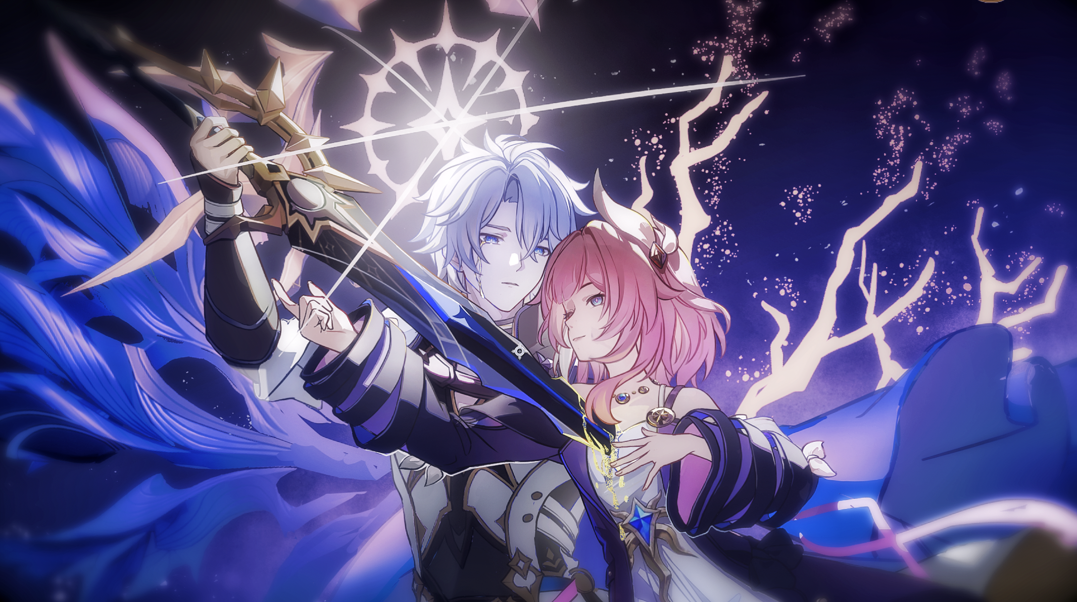 xinjinjumin3013765, cyrene (honkai: star rail), phainon (honkai: star rail), honkai: star rail, honkai (series), chinese commentary, commentary request, highres, 1boy, 1girl, bare shoulders, black pants, blood, blood on chest, bloody tears, blue eyes, breasts, coat, dawnmaker (honkai: star rail), dress, gold blood, hair ornament, halo, holding, holding sword, holding weapon, jewelry, medium hair, necklace, pants, pink hair, purple coat, small breasts, stab, sword, weapon, white coat, white dress, white hair, wings