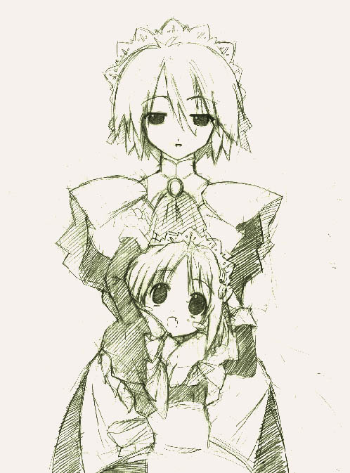 kotonomiya yuki, yamato suzuran, suigetsu, 2girls, apron, arms up, blush stickers, dress, flower, height difference, hug, lily of the valley, long sleeves, maid headdress, monochrome, multiple girls, sketch