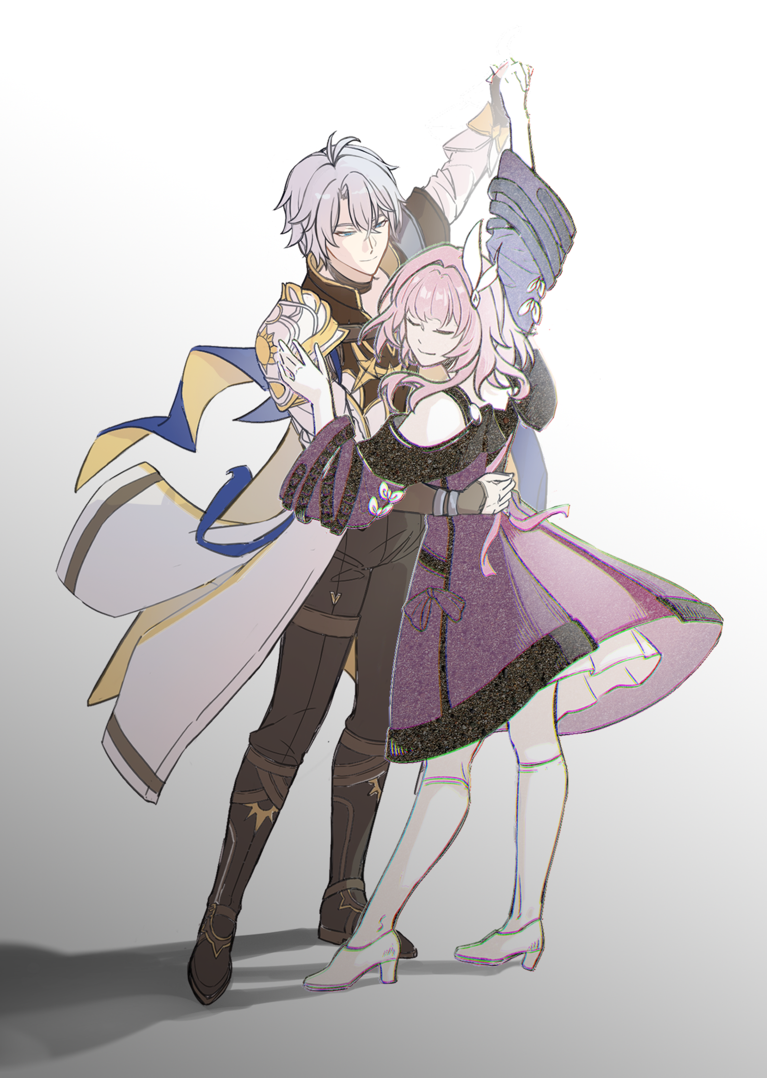 xinjinjumin3013765, cyrene (honkai: star rail), phainon (honkai: star rail), honkai: star rail, honkai (series), chinese commentary, commentary request, highres, 1boy, 1girl, ahoge, armor, bare shoulders, black boots, black pants, blue eyes, boots, cape, coat, couple, dancing, hetero, interlocked fingers, pants, pauldrons, pink hair, purple coat, sandals, short hair, shoulder armor, simple background, single pauldron, smile, white background, white hair