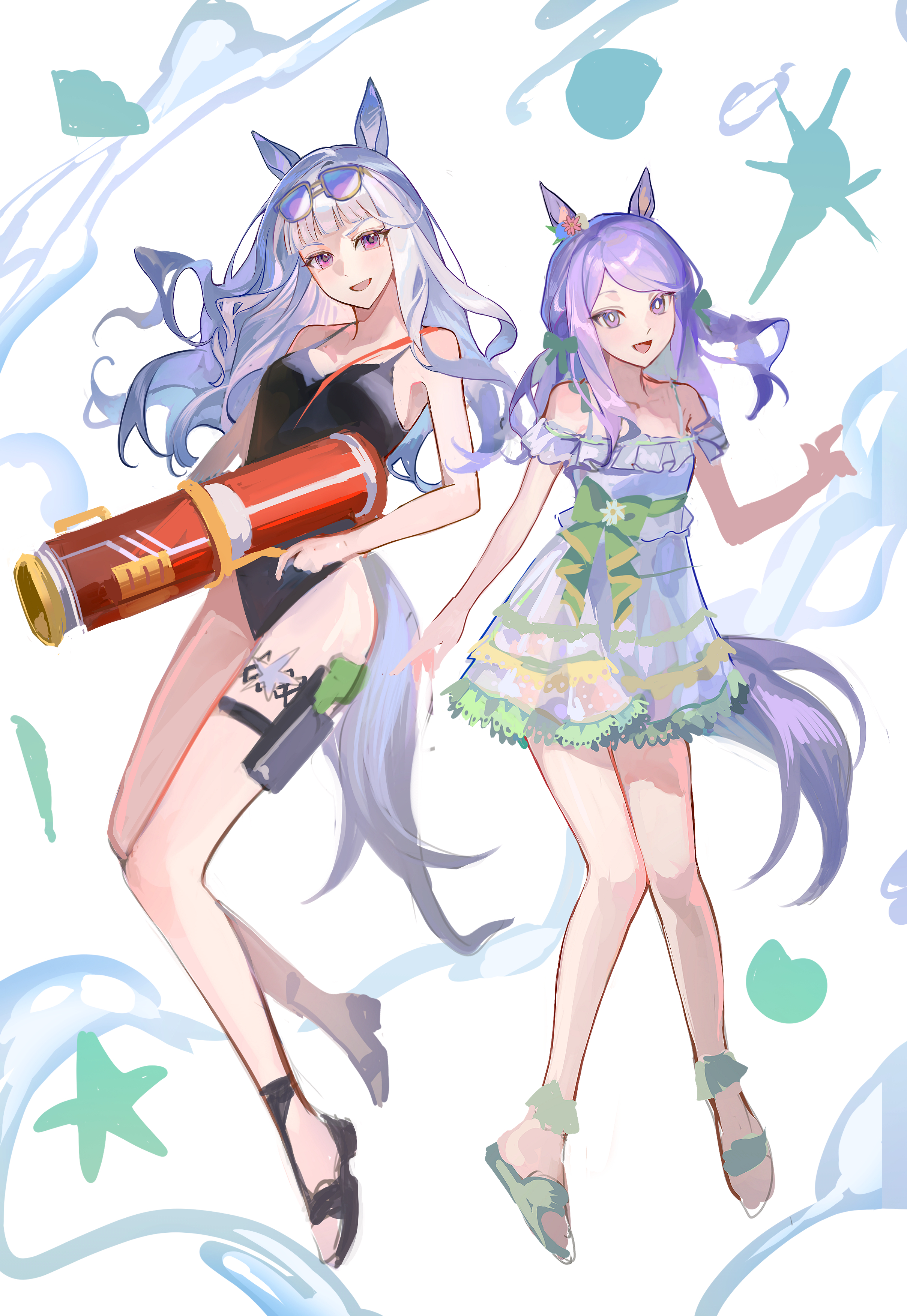 gold ship (run revolt launcher) (umamusume), gold ship (umamusume), mejiro mcqueen (umamusume), umamusume, absurdres, highres, 2girls, animal ears, bare arms, bare legs, bare shoulders, black one-piece swimsuit, black sandals, blunt bangs, bow, dress, eyewear on head, green bow, green sandals, hair down, holding, holding water gun, horse ears, horse girl, horse tail, long hair, looking at viewer, multiple girls, nhimuchan, off-shoulder dress, off shoulder, official alternate costume, official alternate hairstyle, one-piece swimsuit, open mouth, purple-tinted eyewear, purple eyes, purple hair, sandals, sunglasses, swimsuit, tail, tinted eyewear, water gun, white dress, white hair