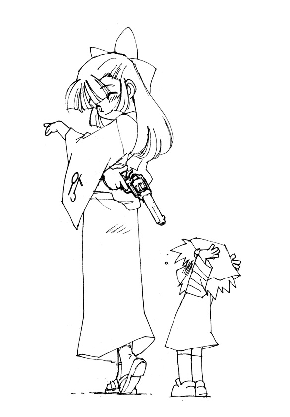 95-tan, waha, yamato suzuran, futaba channel, os-tan, suigetsu, 2girls, brown hair, closed eyes, cocked hammer, crossover, flower, greyscale, gun, hair ornament, hairclip, handgun, japanese clothes, kimono, lily of the valley, monochrome, multiple girls, orange hair, revolver, shoes, sidelocks, simple background, smile, sweat, waha skirt lift, weapon