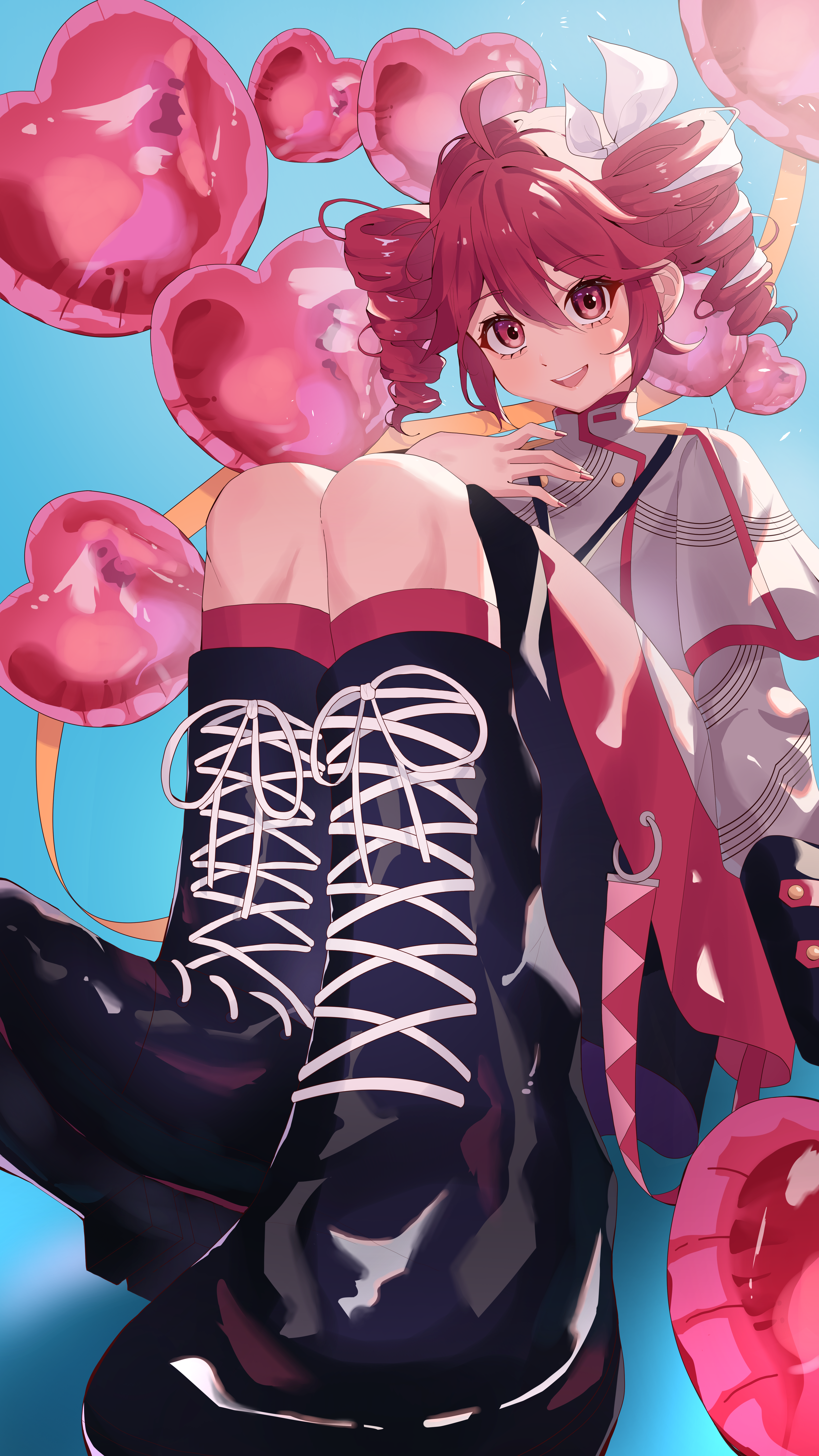 nanaken (qijian23092715), kasane teto, kasane teto (sv), synthesizer v, utau, absurdres, commentary request, highres, 1girl, ahoge, balloon, belt, birthday, black belt, black boots, black sleeve cuffs, blue background, boots, bow, drill hair, grey jacket, grey skirt, hair between eyes, hair bow, hair ribbon, hand up, heart balloon, jacket, knee boots, kneehighs, lace-up boots, layered skirt, layered sleeves, long sleeves, looking at viewer, musical staff, open mouth, red eyes, red hair, red skirt, red socks, red trim, ribbon, shoulder belt, shoulder boards, sitting, skirt, skirt set, socks, solo, striped clothes, striped jacket, teeth, twin drills, upper teeth only, white bow, white ribbon
