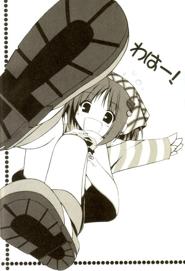 waha, yamato suzuran, suigetsu, 1girl, fang, female focus, flower, lily of the valley, loli, monochrome, shoe soles, solo, yellow theme