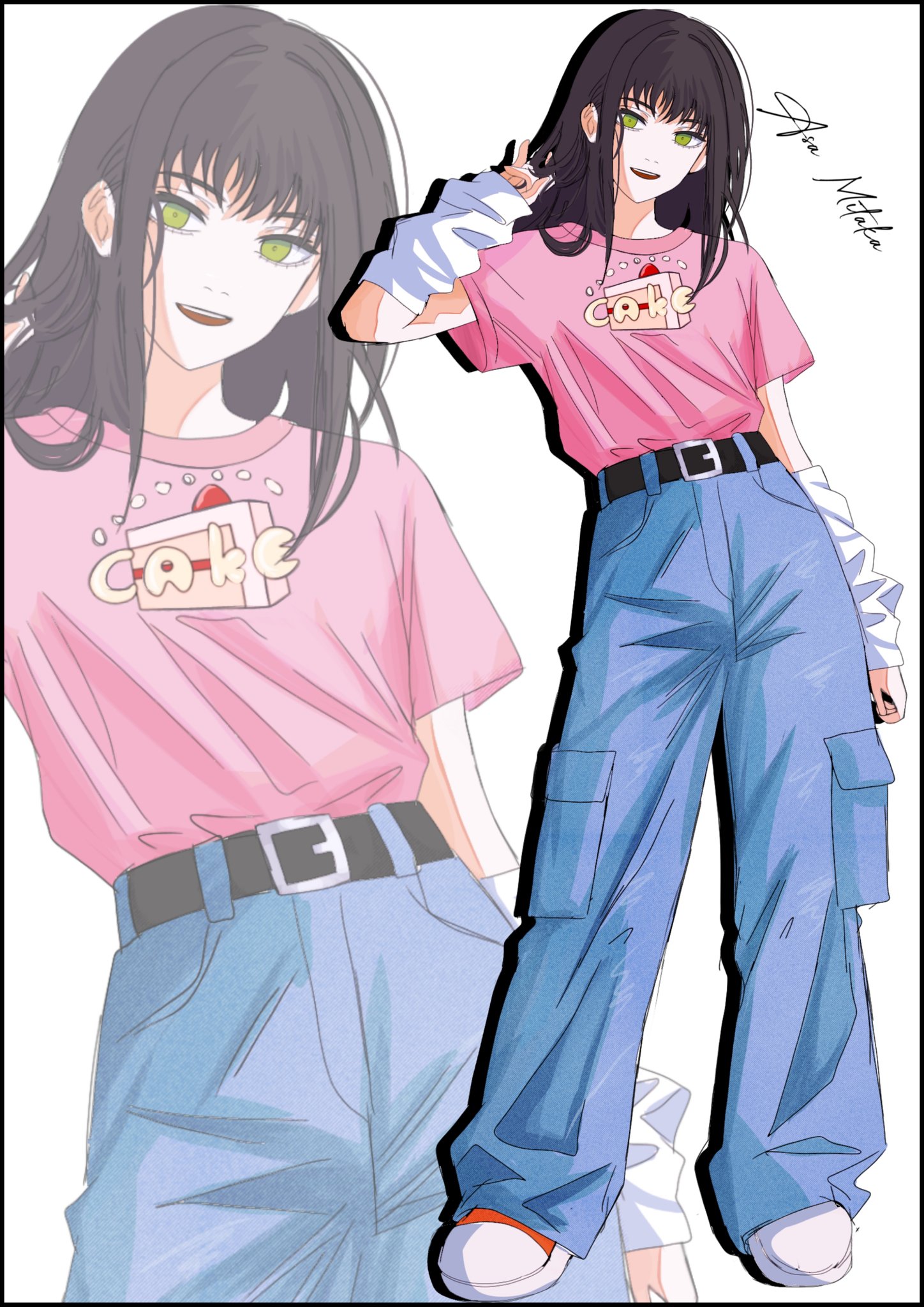 mccheese, mitaka asa, chainsaw man, highres, 1girl, belt, black belt, black hair, blue pants, character name, green eyes, pants, pink shirt, print shirt, shirt, shirt tucked in, solo, white arm warmers, zoom layer