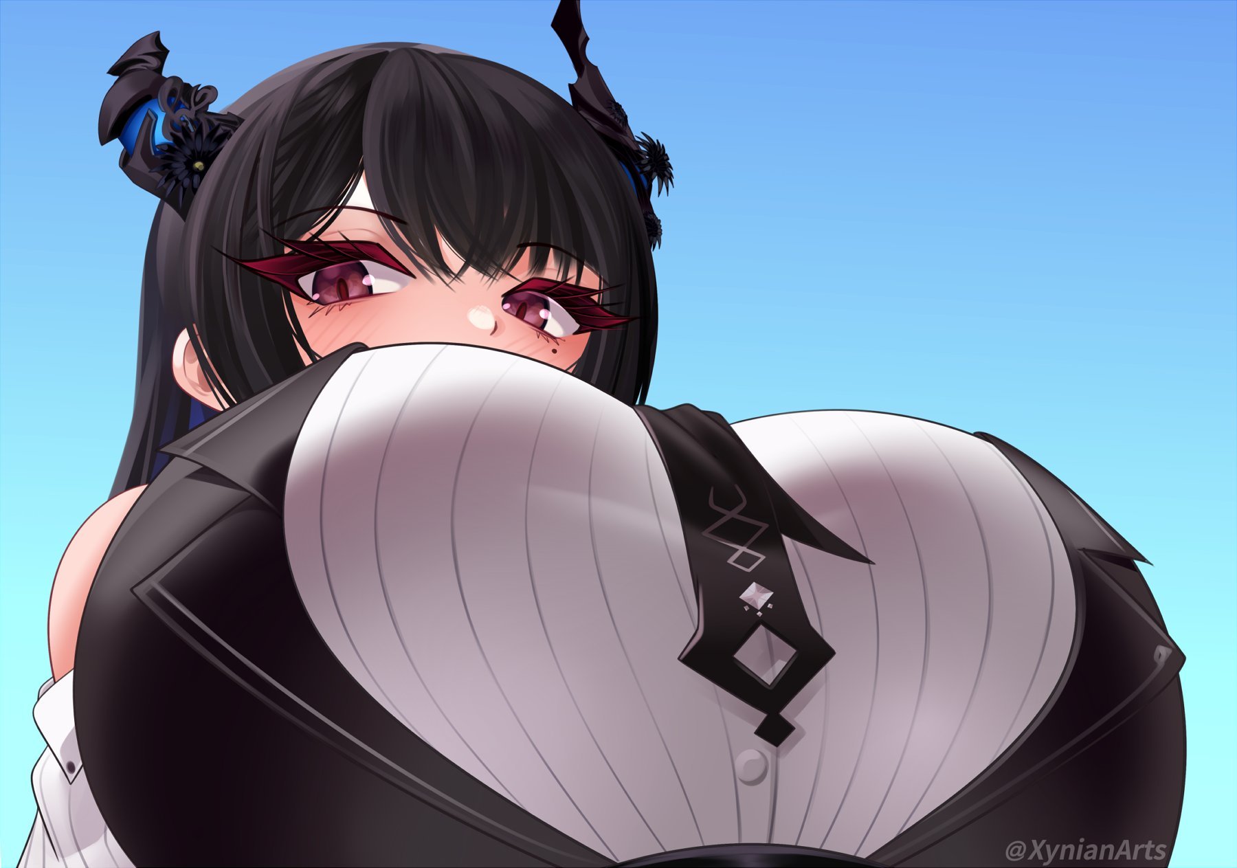 xynian arts, nerissa ravencroft, nerissa ravencroft (1st costume), hololive, hololive english, highres, 1girl, asymmetrical horns, black hair, black necktie, black vest, blue sky, breast focus, breasts, day, demon horns, horns, large breasts, long hair, mole, mole under eye, necktie, outdoors, purple eyes, shirt, sky, solo, vest, virtual youtuber, white shirt