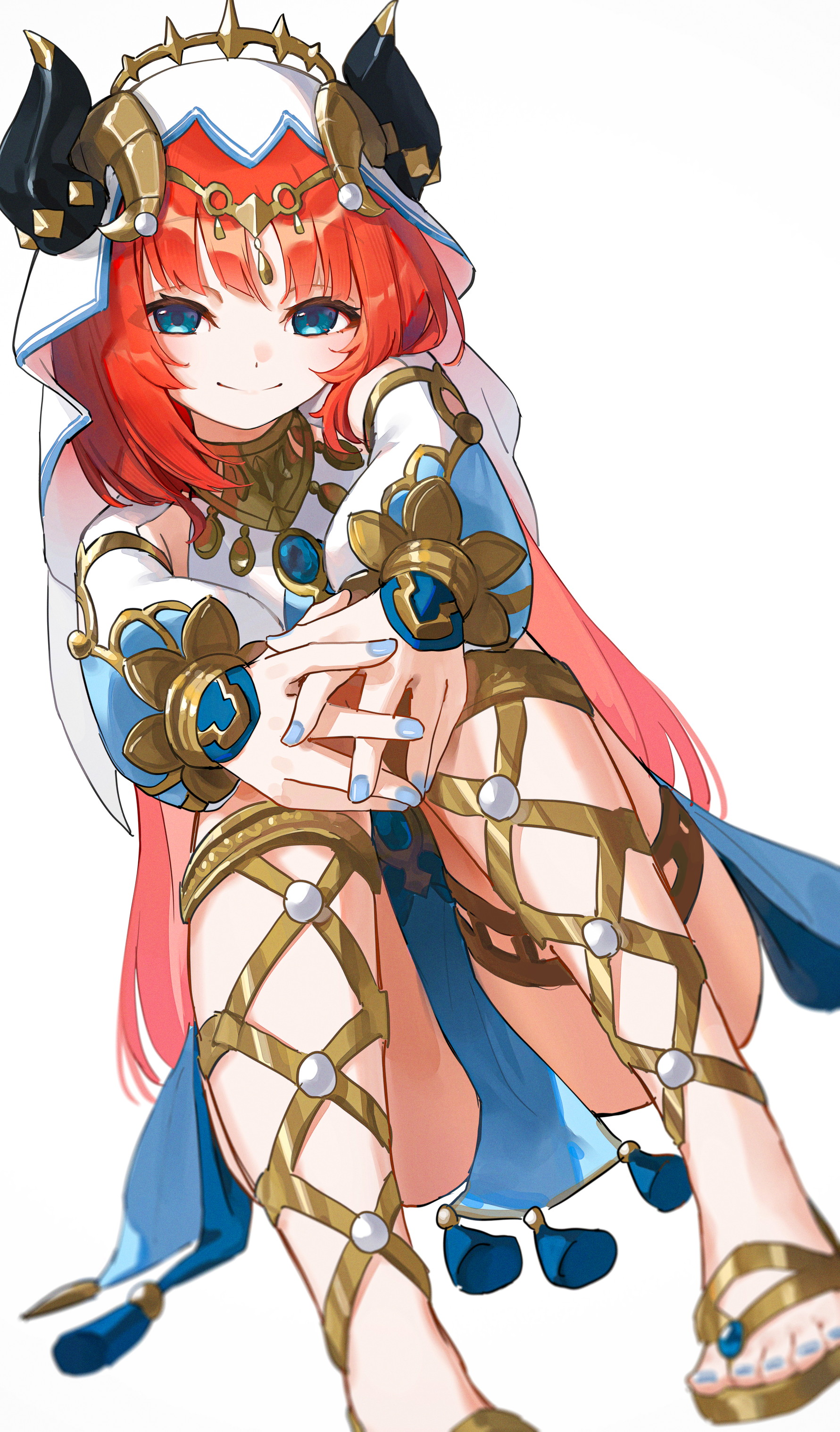 ebiri fy, nilou (genshin impact), genshin impact, absurdres, commentary, highres, 1girl, black horns, blue brooch, blue eyes, blue nails, blue skirt, brooch, closed mouth, fake horns, foot out of frame, gladiator sandals, harem outfit, horns, jewelry, long hair, long sleeves, looking at viewer, own hands together, red hair, sandals, simple background, sitting, skirt, smile, solo, veil, white background, white veil