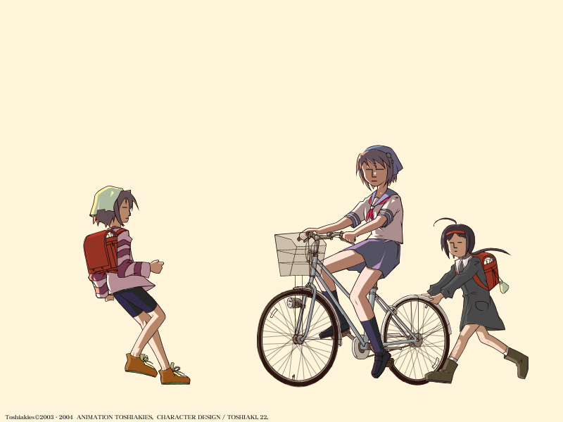 choia, musu, waha, yamato suzuran, futaba channel, suigetsu, 3girls, backpack, bag, bicycle, multiple girls, randoseru, riding, riding bicycle, school uniform, serafuku