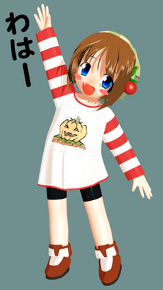 ekkusu kyuuzu, waha, yamato suzuran, suigetsu, lowres, 1girl, 3d, :d, arm up, blush stickers, brown hair, fang, female focus, flower, full body, green background, lily of the valley, long sleeves, open mouth, shoes, short hair, shorts, simple background, smile, solo, standing, striped sleeves, waha~ (meme)