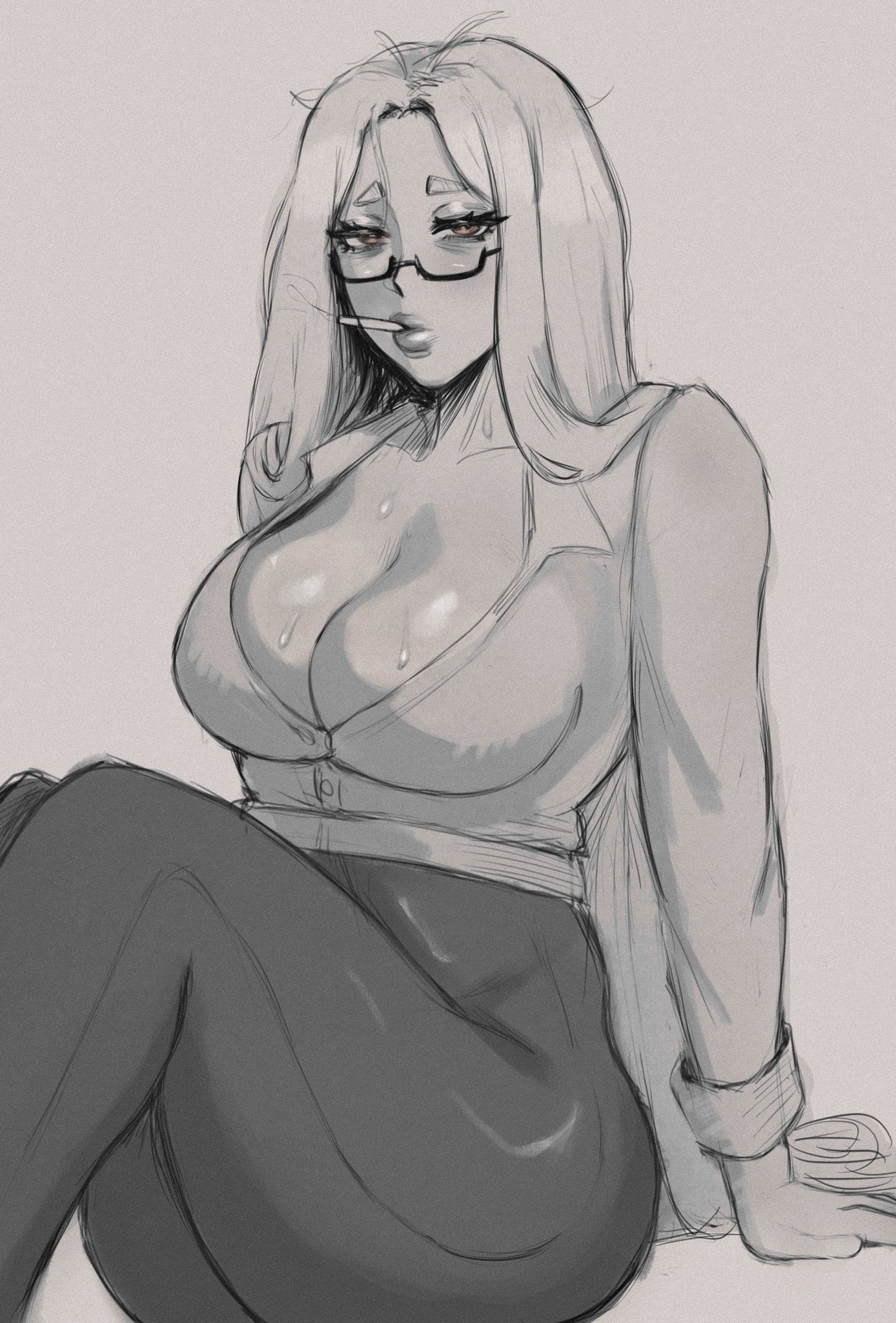 mochakumo, ayase seiko, dandadan, 1girl, blouse, breasts, cigarette, collarbone, female focus, glasses, greyscale, hair down, large breasts, lips, long hair, looking at viewer, monochrome, pants, shirt, simple background, sitting, smoking, sweat