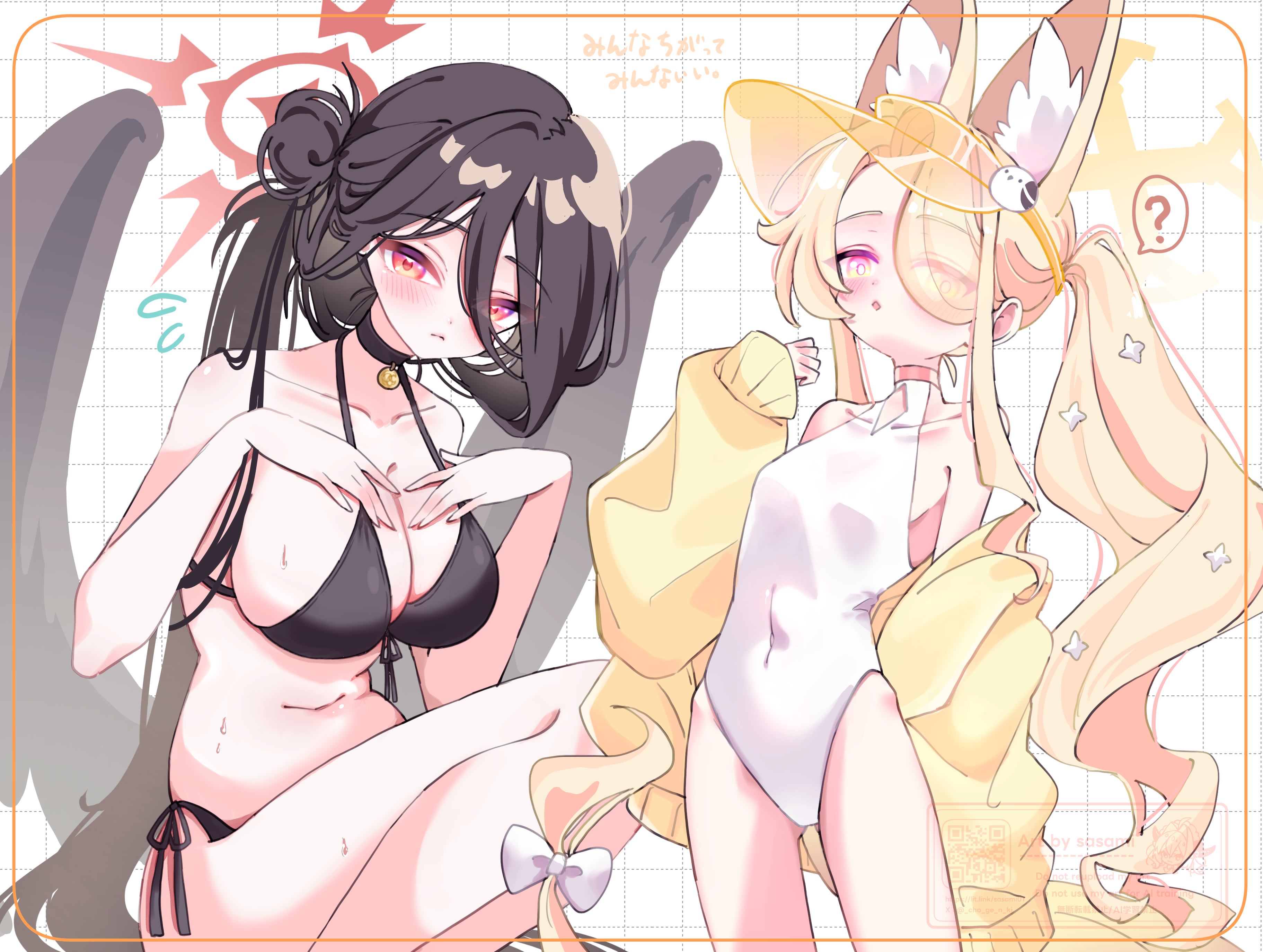 sasami (cho ge n ki), hasumi (blue archive), hasumi (swimsuit) (blue archive), seia (blue archive), seia (swimsuit) (blue archive), blue archive, twitter, 2girls, animal ears, bikini, black hair, black wings, blonde hair, fox ears, halo, jacket, long hair, multiple girls, one-piece swimsuit, swimsuit, wings, yellow jacket