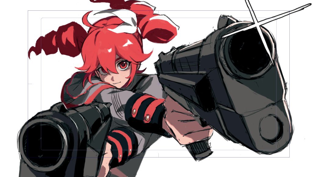 kasane teto, utau, 1girl, crossed arms, drill hair, gun, holding, holding gun, holding weapon, pointing, pointing at viewer, red hair, solo, twin drills, weapon