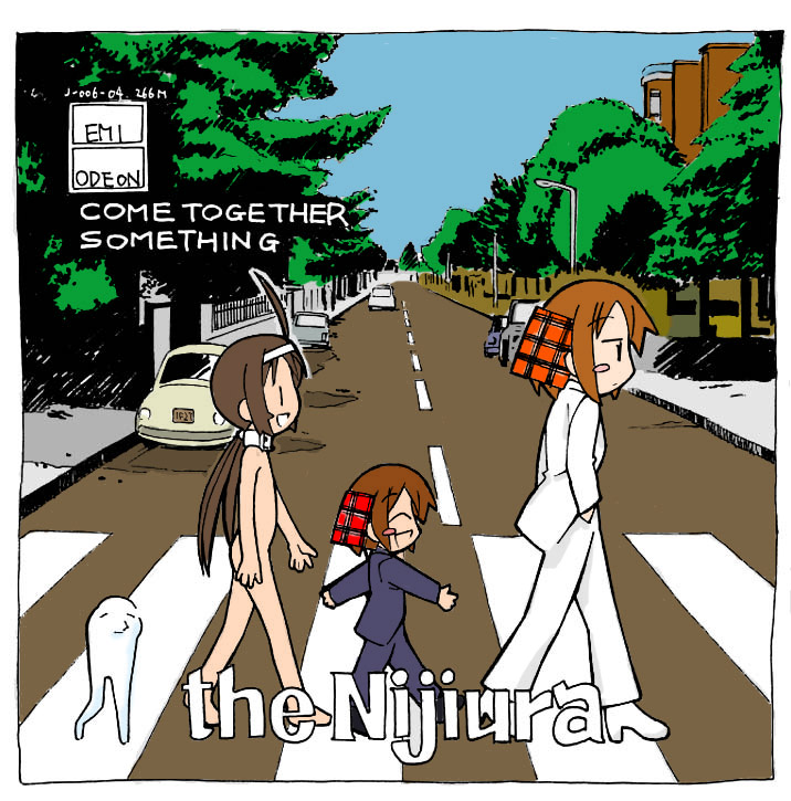 choia, musu, waha, yamato suzuran, abbey road, futaba channel, suigetsu, the beatles, volkswagen, derivative work, 3girls, album cover, album cover redraw, cover, crosswalk, multiple girls, nude, parody, vanishing point, volkswagen beetle