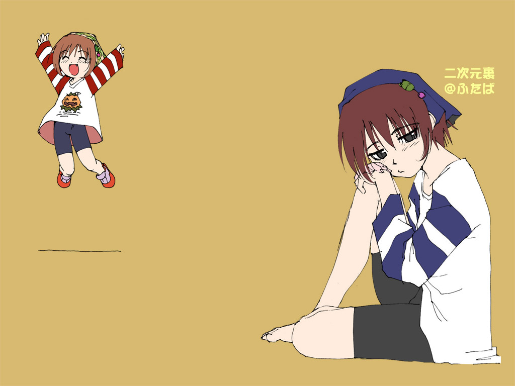 musu, waha, yamato suzuran, suigetsu, looking away, 2girls, bike shorts, blush, brown hair, head rest, hugging own legs, jumping, multiple girls, outstretched arms, short hair, sitting, spread arms