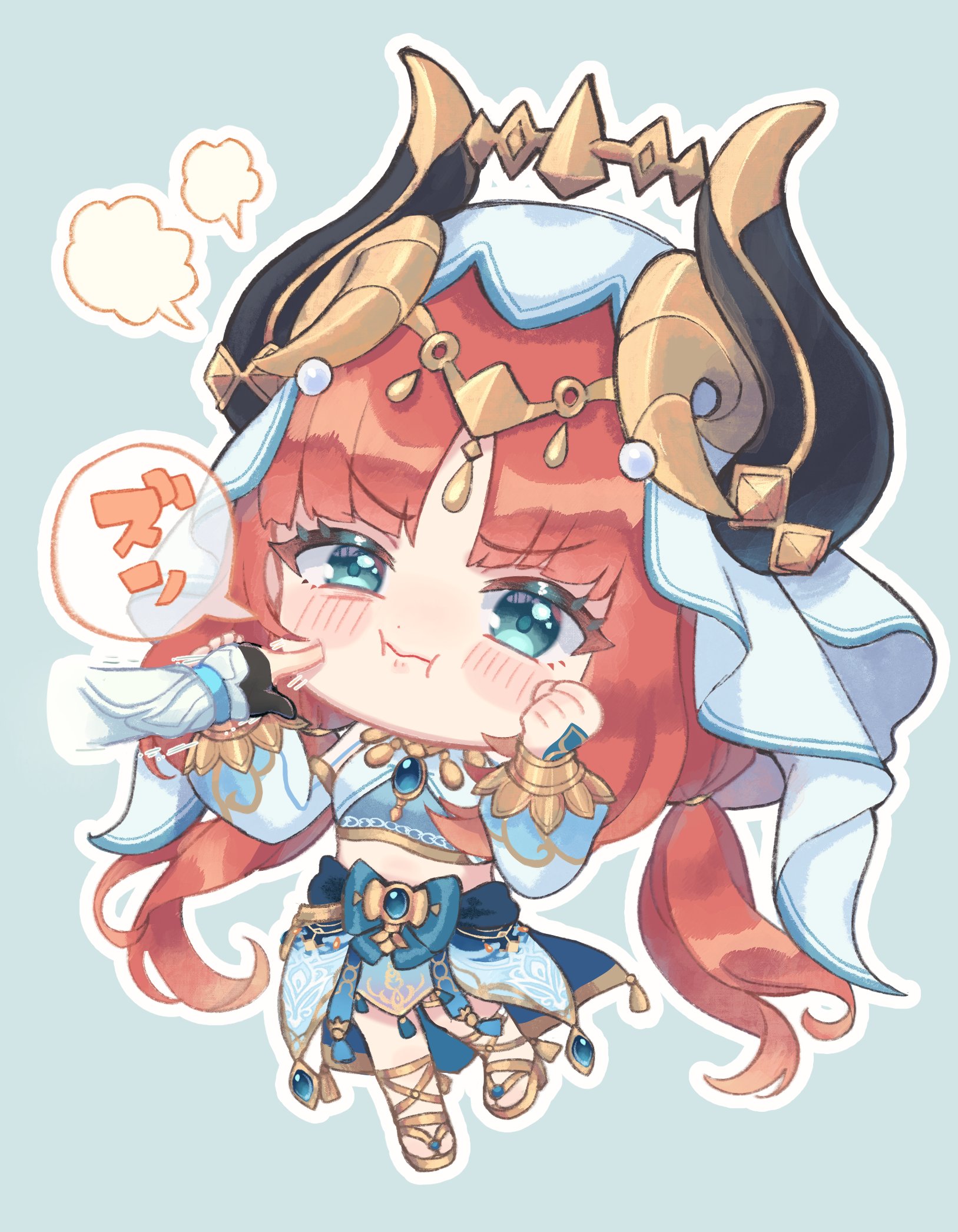 kruhhkake, nilou (genshin impact), genshin impact, commentary request, highres, translation request, 1girl, aqua background, aqua eyes, black horns, blue brooch, blue skirt, blush, brooch, cheek poking, chibi, chibi only, crop top, detached sleeves, disembodied hand, fake horns, gladiator sandals, gold trim, harem outfit, horns, jewelry, long hair, low twintails, outline, poking, pout, puff of air, puffy detached sleeves, puffy sleeves, red hair, sandals, simple background, skirt, solo focus, twintails, veil, white outline, white veil