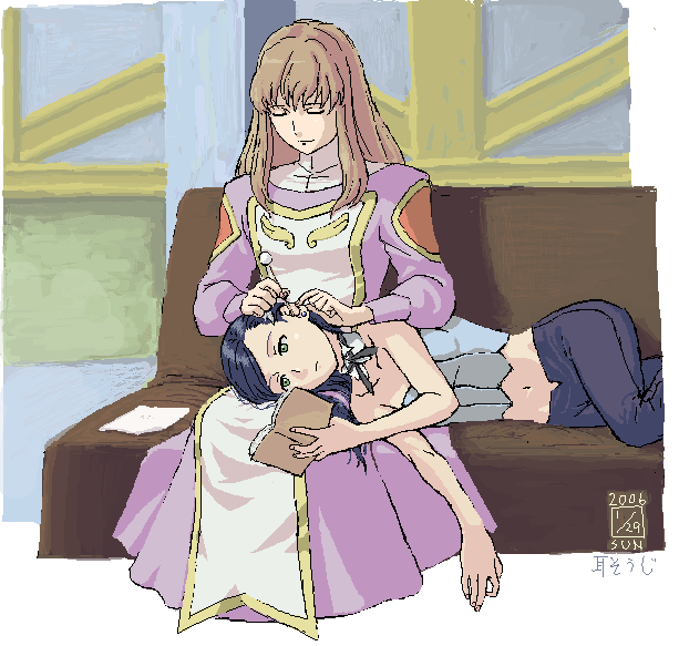 cpt, ikeda (cpt), natsuki kruger, shizuru viola, my-otome, 00s, 2girls, blue hair, book, brown eyes, brown hair, closed eyes, ear cleaning, green eyes, lap pillow, long hair, long sleeves, lying, meister otome uniform, midriff, mimikaki, multiple girls, navel, oekaki, on side, open book, reading, sitting, skirt