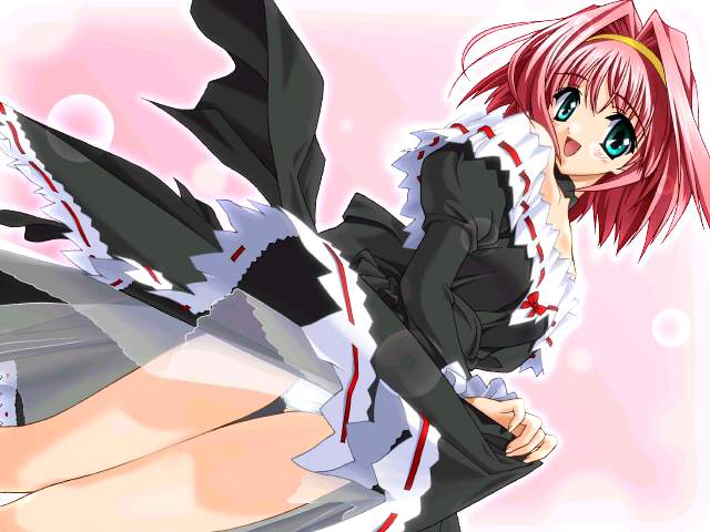 felia, princess memory, 00s, 1girl, black dress, blue eyes, blush, clothes lift, dress, dress lift, female focus, frills, hairband, lingerie, maid, panties, petticoat, pink hair, short hair, skirt, skirt lift, solo, standing, thigh gap, thighs, underwear, upskirt, white panties