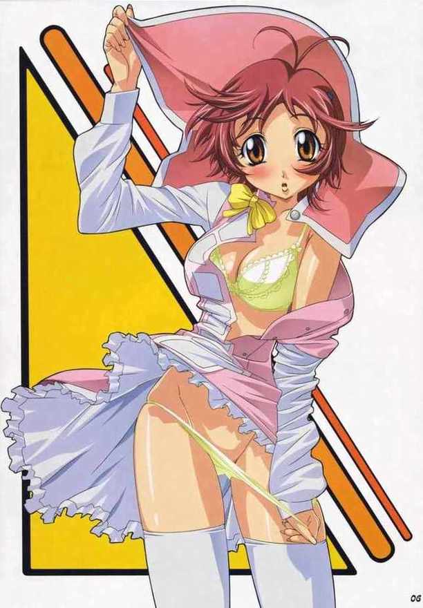gotou keiji, anna, aoi anna, shinkon gattai godannar!!, white legwear, jpeg artifacts, bowtie, bra, brown eyes, dress, lace-trimmed bra, lingerie, open dress, panties, panty pull, pantyshot, petticoat, red hair, standing, thighhighs, underwear, undressing, upskirt, wind lift, yellow bra, yellow panties