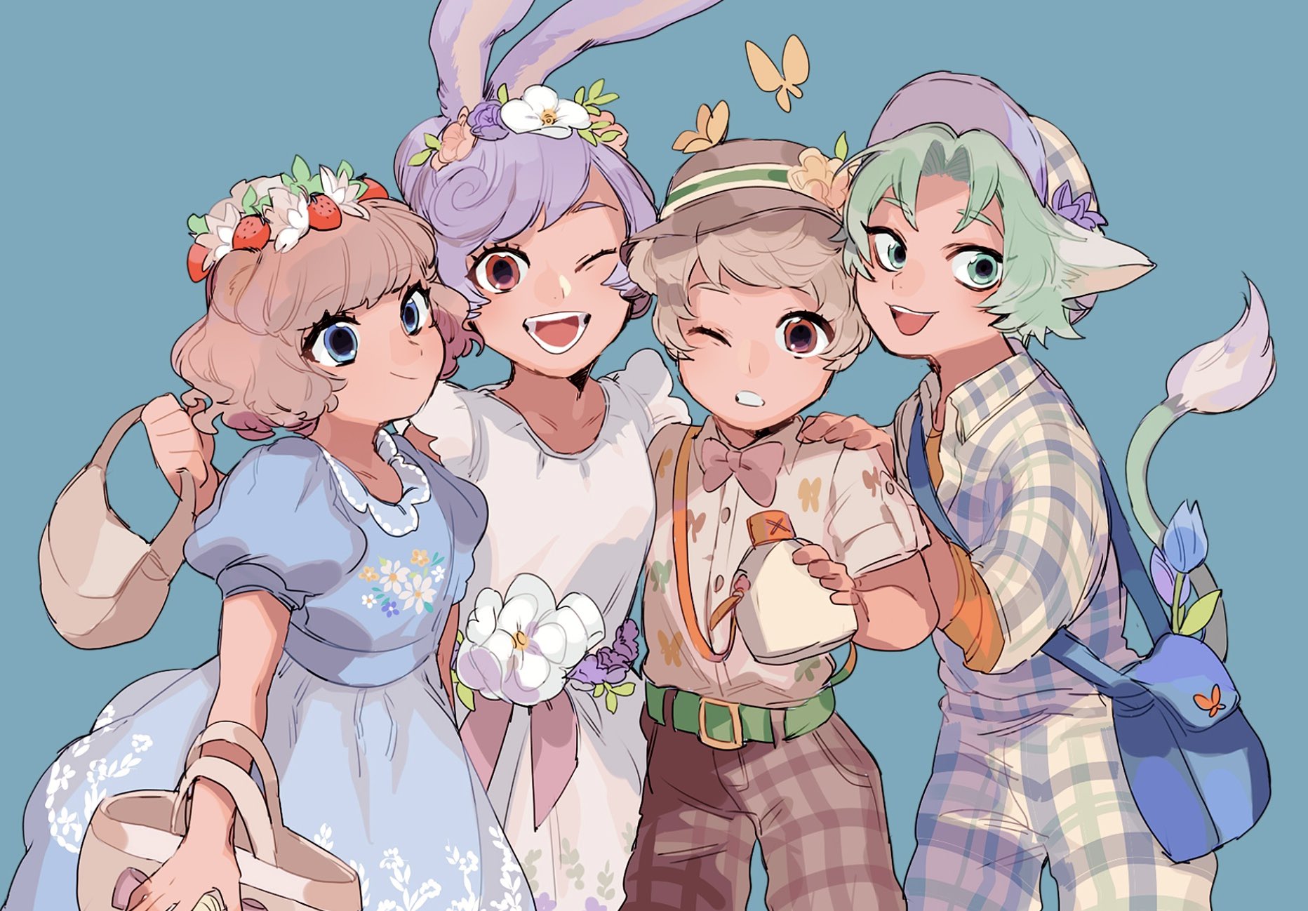 moov (mb 52), duffy the disney bear, stellalou, highres, 2boys, 2girls, animal ears, animification, bear boy, bear ears, bear girl, duffy and friends, gelatoni, humanization, long hair, looking at viewer, multiple boys, multiple girls, rabbit ears, rabbit girl, shelliemay, shirt, smile