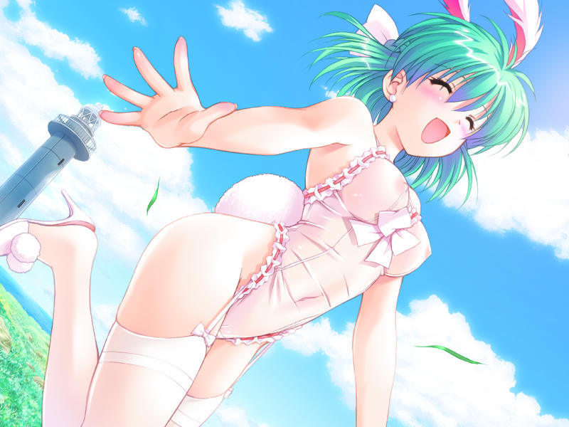 kuroda akimi, kyankyan, galzoo island, game cg, 1girl, :d, ^ ^, animal ears, blurry, blush, bow, breasts, closed eyes, cloud, covered erect nipples, depth of field, dutch angle, earrings, fake animal ears, female focus, garter straps, grass, green hair, hair bow, hair ornament, hair ribbon, happy, high heels, horizon, jewelry, leotard, lighthouse, lingerie, nipples, ocean, open mouth, outdoors, playboy bunny, rabbit ears, rabbit tail, ribbon, see-through clothes, shoes, short hair, skindentation, sky, smile, solo, tail, thighhighs, underwear, water, white thighhighs