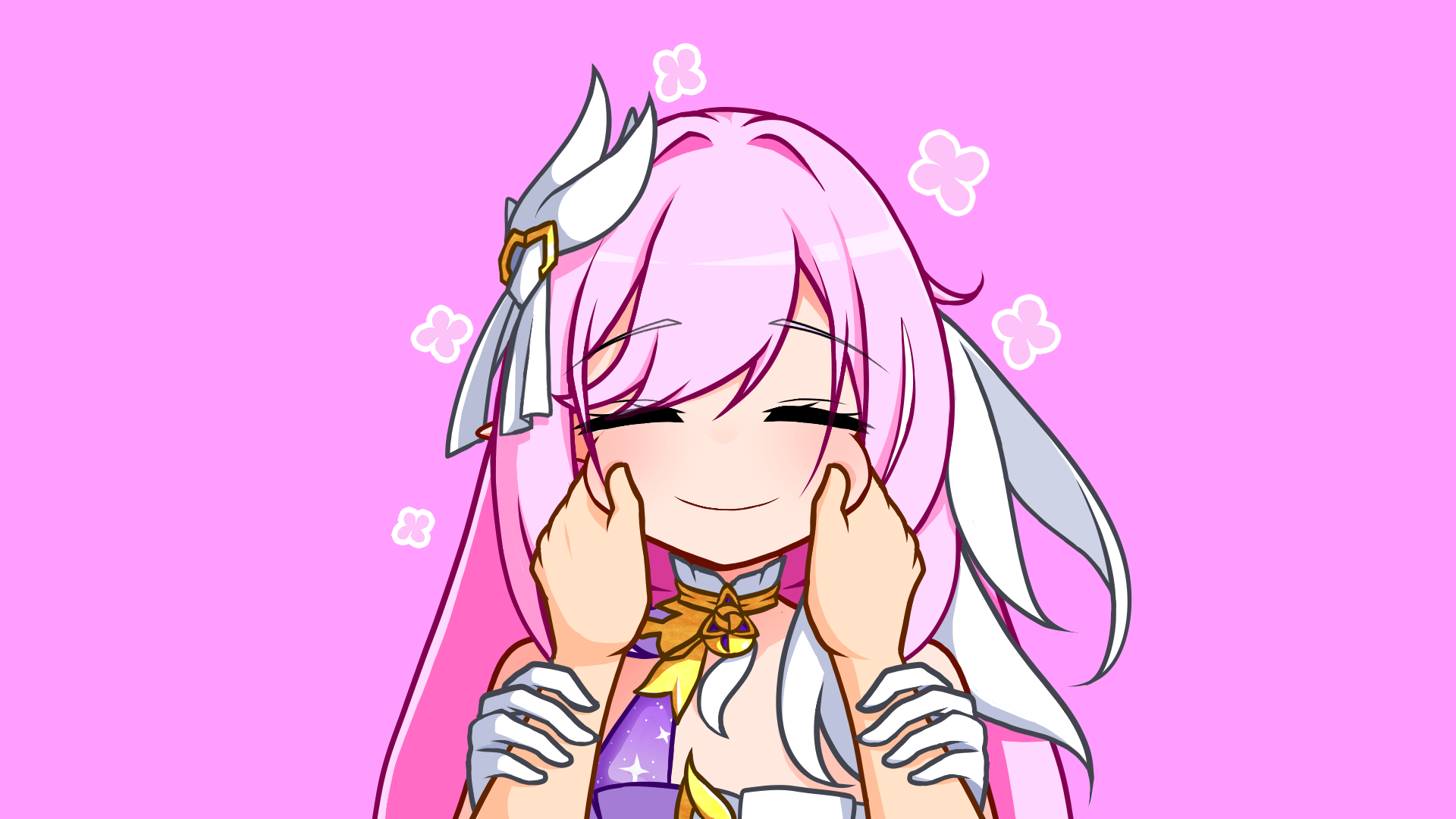 aria (sha riac), elysia (herrscher of human: ego) (honkai impact), elysia (honkai impact), honkai (series), honkai impact 3rd, commentary, commission, english commentary, highres, 1girl, 1other, bare shoulders, cheek pinching, gloves, hair ornament, long hair, multicolored hair, pinching, pink background, pink hair, pov, pov hands, simple background, triquetra, two-tone hair, very long hair, white gloves, white hair