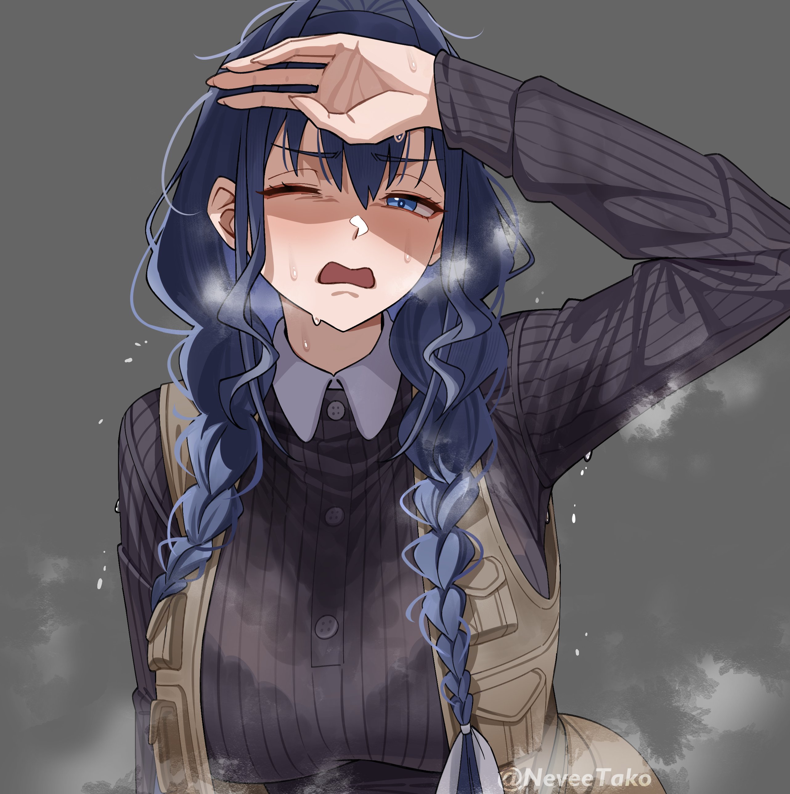 nevee, ouro kronii, hololive, hololive english, absurdres, highres, 1girl, blue eyes, blue hair, braid, breasts, brown vest, grey background, hand up, large breasts, long hair, low twin braids, one eye closed, open mouth, solo, sweat, twin braids, very sweaty, vest, virtual youtuber