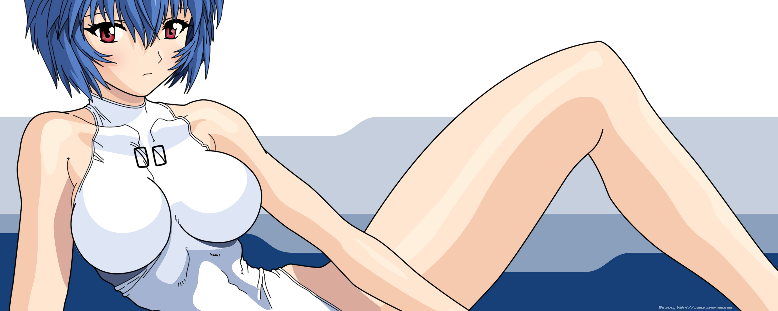 mogudan, ayanami rei, neon genesis evangelion, alternate breast size, derivative work, highres, long image, vector trace, wide image, 1girl, blue hair, blush, breasts, casual one-piece swimsuit, collarbone, dual monitor, female focus, frown, highleg, highleg one-piece swimsuit, large breasts, leg up, legs, lying, mecha pilot suit, on side, one-piece swimsuit, perspective, plugsuit (evangelion), red eyes, short hair, sleeveless, sleeveless turtleneck, solo, swimsuit, turtleneck, white one-piece swimsuit