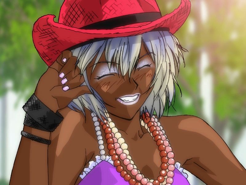 ayanami rei, ayanami raising project, neon genesis evangelion, bad tag, jpeg artifacts, bracelet, closed eyes, cowboy hat, dark skin, ganguro, hat, jewelry, lipstick, makeup, nail polish, necklace, what