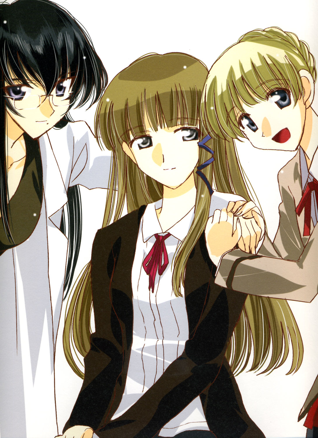 kobayashi jin, osakabe itoko, sarah adiemus, sasakura youko, school rumble, highres, scan, 00s, 3girls, black hair, blonde hair, blue eyes, glasses, long hair, looking at viewer, mole, multiple girls, purple eyes, short hair, simple background, smile, teacher, white background