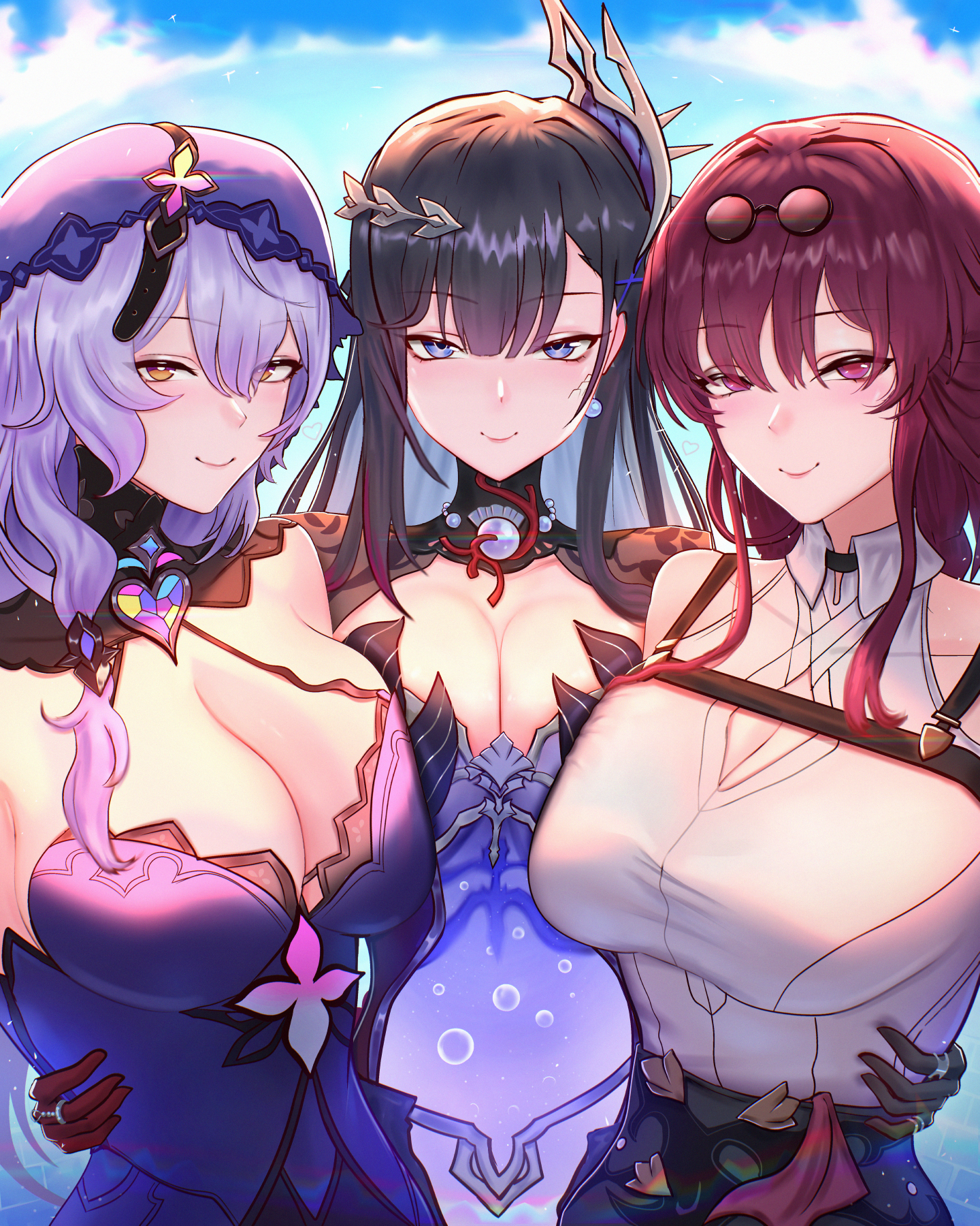 mcdobo, black swan (honkai: star rail), hysilens (honkai: star rail), kafka (honkai: star rail), honkai: star rail, honkai (series), commentary, english commentary, highres, 3girls, asymmetrical gloves, black dress, black gloves, black hair, blue dress, blue eyes, breasts, cleavage, dress, earrings, eyewear on head, gloves, hair ornament, hand on another's waist, jewelry, large breasts, looking at viewer, mismatched gloves, multicolored eyes, multiple girls, purple eyes, purple hair, purple veil, red gloves, round eyewear, shirt, smile, sunglasses, two-tone eyes, veil, white shirt