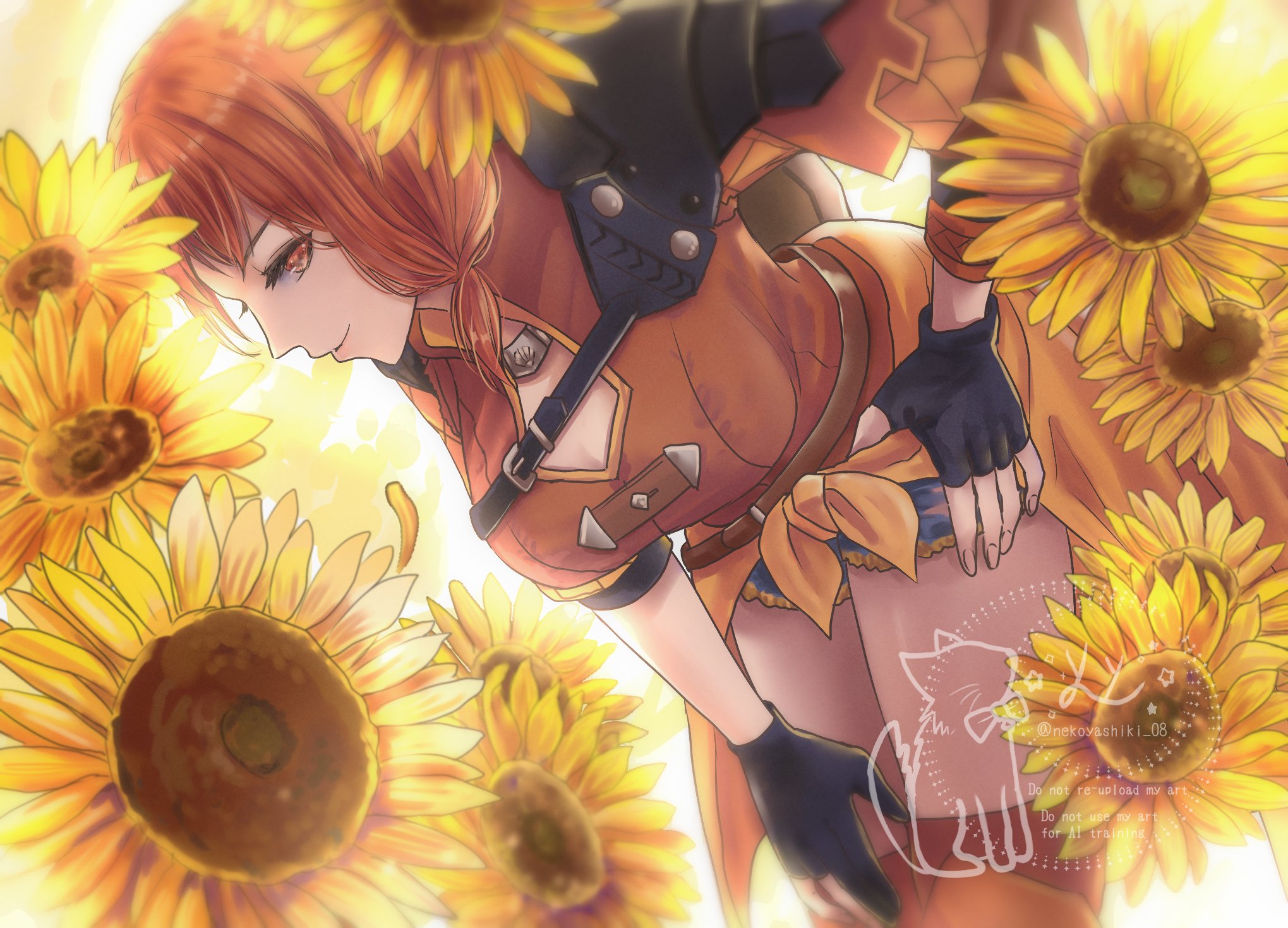 nekoyashiki 08, leonie pinelli, leonie pinelli (timeskip), fire emblem, fire emblem: three houses, nintendo, highres, 1girl, armor, belt, black gloves, blue shorts, breasts, cleavage, cleavage cutout, closed mouth, clothes around waist, clothing cutout, field, fingerless gloves, flower, flower field, gloves, jacket, jacket around waist, large breasts, long hair, long sleeves, low ponytail, orange eyes, orange hair, orange jacket, orange shirt, orange thighhighs, ponytail, shirt, shorts, shoulder armor, smile, solo, sunflower, sunflower field, thighhighs