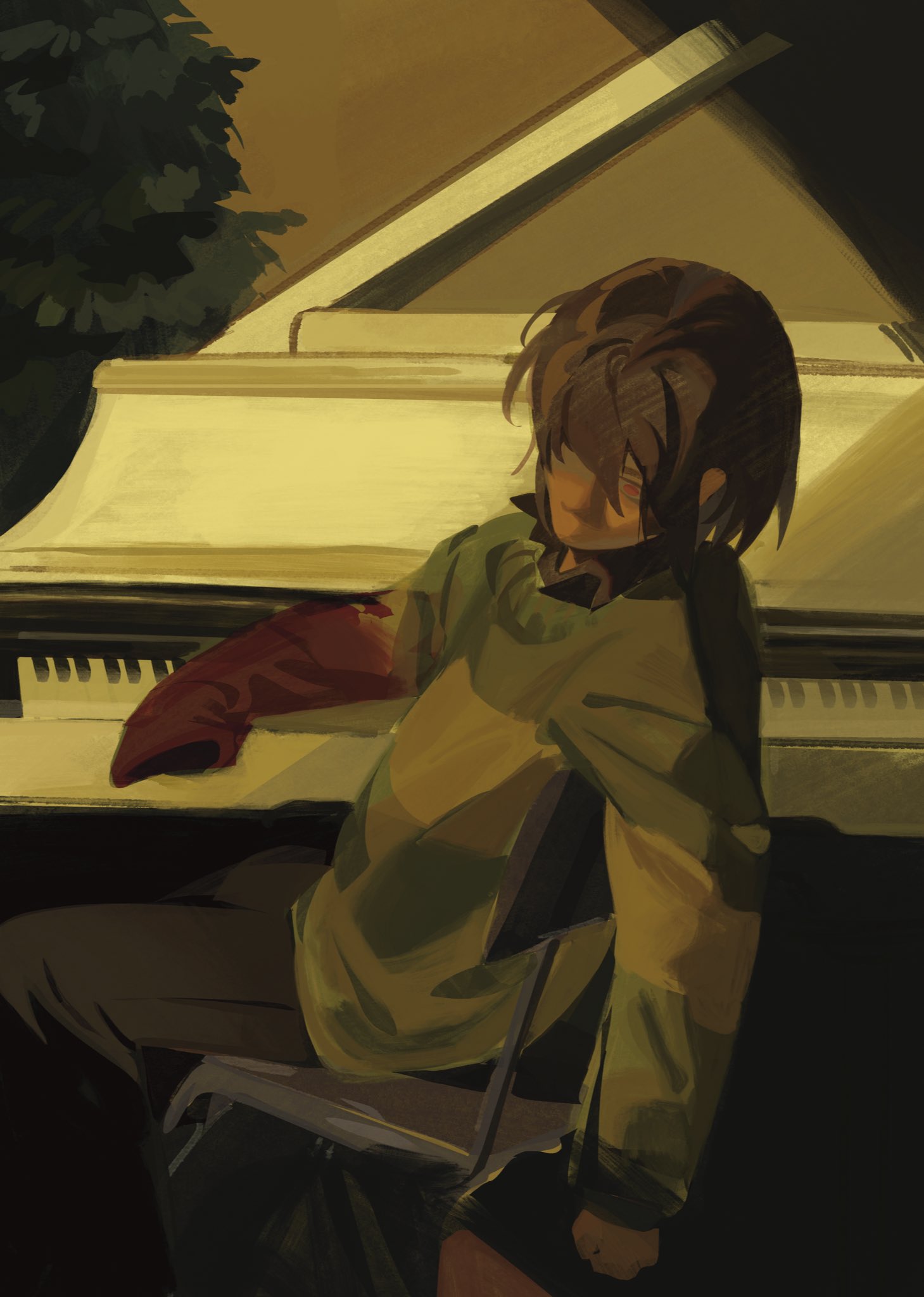 ttasarayu, kris (deltarune), deltarune, utdr (toby fox), highres, 1other, amputee, brown hair, brown pants, chair, expressionless, green sweater, instrument, missing limb, on chair, one eye covered, other focus, painterly, pants, piano, red eyes, short hair, sitting, solo, sweater