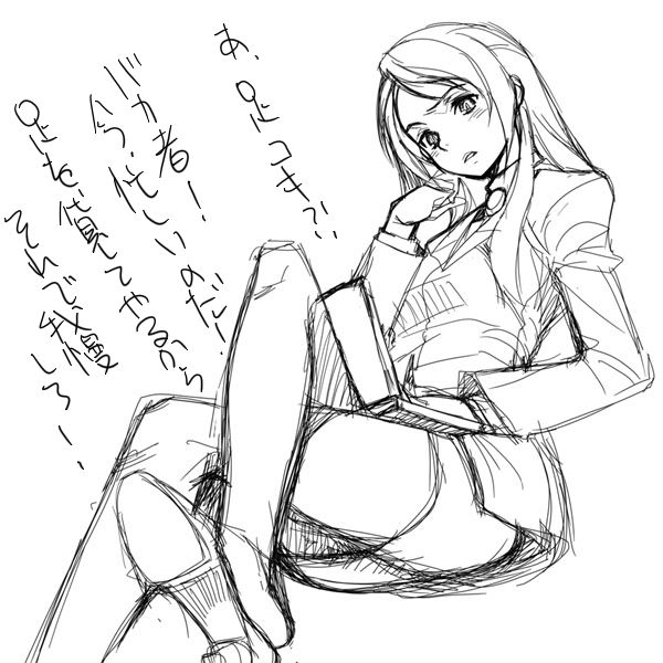 akaga hirotaka, menori, menori visconti, mujin wakusei survive, translation request, 00s, 1girl, angry, blush, business suit, computer, crossed legs, female focus, formal clothes, greyscale, head rest, head tilt, high heels, jewelry, laptop, legs, long hair, miniskirt, monochrome, pencil skirt, shoe dangle, shoes, sitting, sketch, skirt, skirt suit, solo, suit, thighhighs