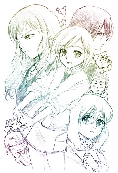 bell (mujin wakusei survive), chako (mujin wakusei survive), howard (mujin wakusei survive), kaoru (mujin wakusei survive), luna (mujin wakusei survive), menori, menori visconti, sharla, shingo (mujin wakusei survive), mujin wakusei survive, 00s, 3girls, 4boys, = =, adjusting eyewear, blush, brooch, clenched hand, close-up, closed eyes, everyone, glasses, head rest, jacket, jewelry, long hair, monochrome, multiple boys, multiple girls, naughty face, object on head, own hands clasped, own hands together, profile, rainbow gradient, short hair, skirt, sleeves pushed up, smile, stretching, sweater vest, zipper
