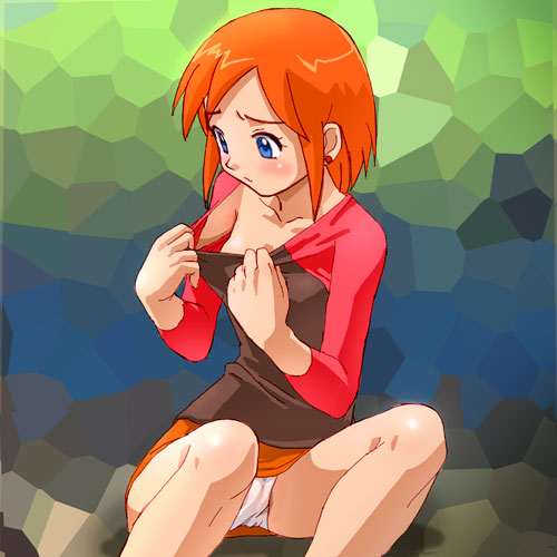 haruyama kazunori, luna (mujin wakusei survive), mujin wakusei survive, lowres, 00s, 1girl, blue eyes, blush, clothes pull, downblouse, earrings, female focus, jewelry, miniskirt, mosaic background, no bra, outdoors, panties, pantyshot, pencil skirt, raglan sleeves, red hair, shirt pull, short hair, simple background, sitting, skirt, solo, underwear, upskirt, white panties