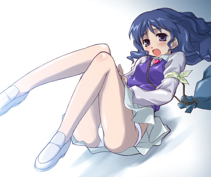 aoi kumiko, menori, menori visconti, mujin wakusei survive, 00s, 1girl, blouse, blue eyes, blue hair, brooch, female focus, jewelry, long hair, lying, matching hair/eyes, miniskirt, on back, panties, pantyshot, purple sweater vest, shirt, shoes, skirt, solo, sweater vest, underwear, upskirt, vest, white panties