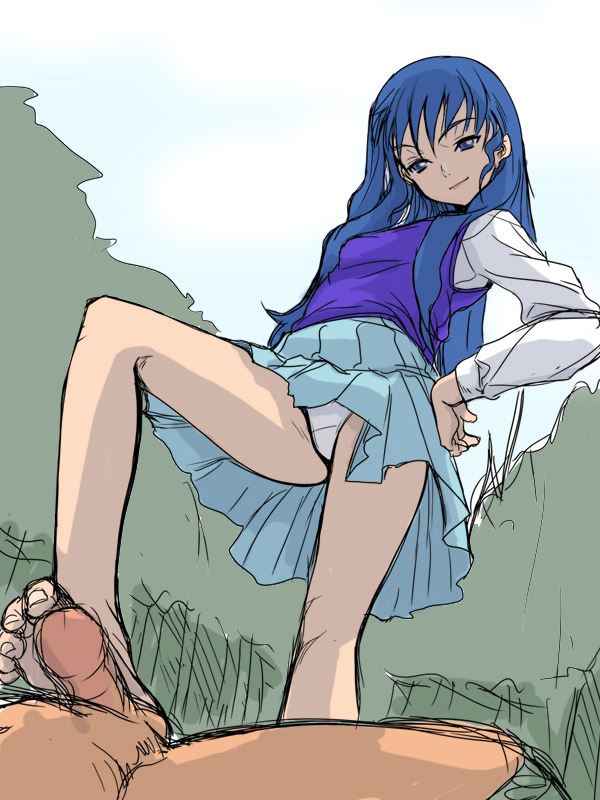 akaga hirotaka, menori, menori visconti, madhouse, mujin wakusei survive, 00s, 1girl, bad anatomy, bad feet, barefoot, blue eyes, blue hair, feet, footjob, hands on own hips, long hair, panties, pantyshot, penis, poorly drawn, purple sweater vest, solo focus, standing, sweater vest, toes, uncensored, underwear, upskirt
