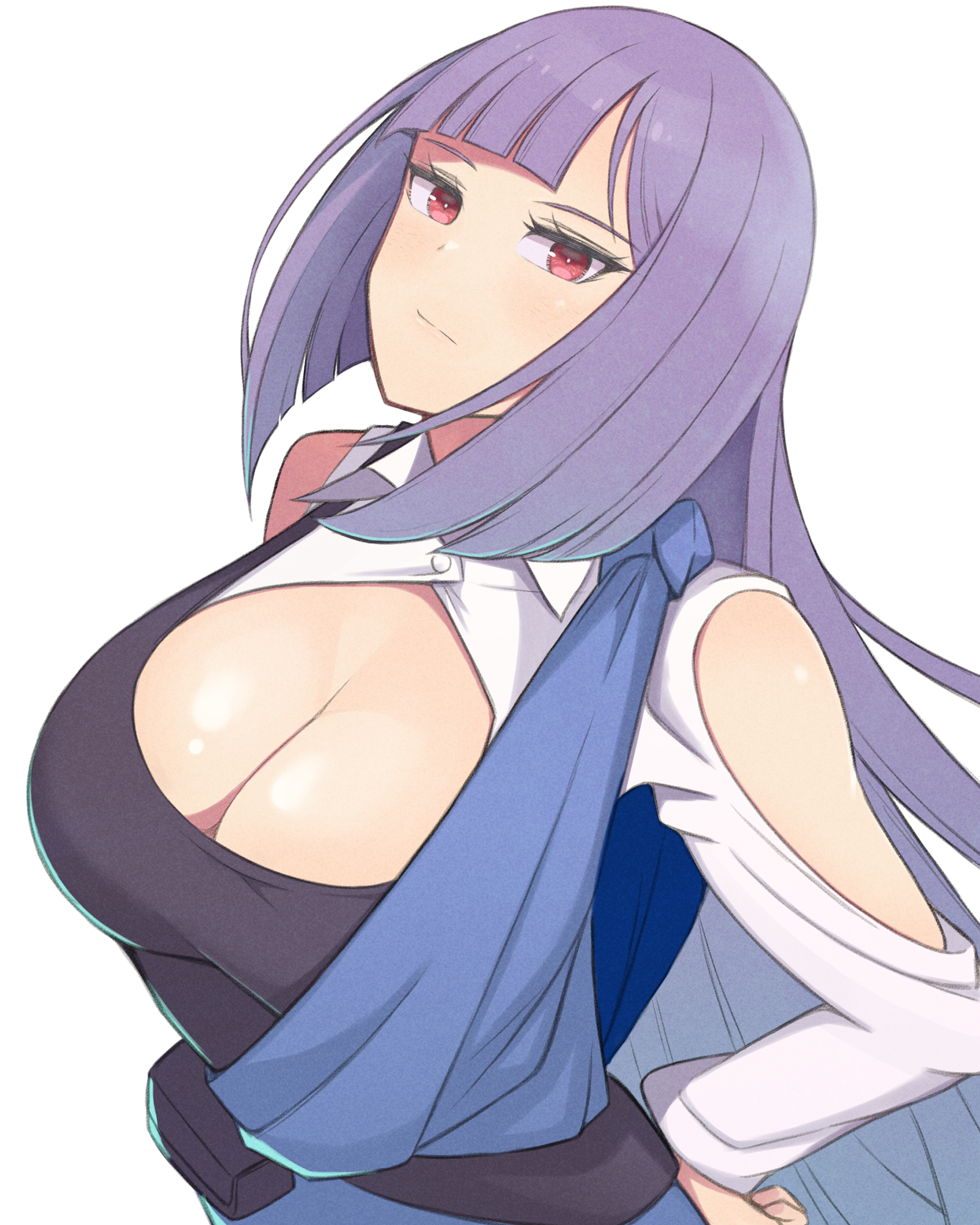 konishiki (52siki), roux louka, gundam, gundam zz, absurdres, commentary, highres, symbol-only commentary, 1girl, bare shoulders, blue tank top, blush, breasts, cleavage, clothing cutout, earrings, jewelry, large breasts, light smile, long hair, looking at viewer, looking up, pouch, purple hair, red eyes, shoulder cutout, solo, spandex, tank top, upper body, white background