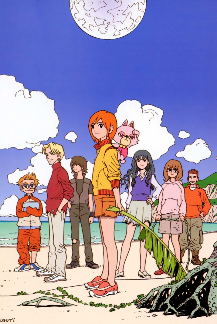 bell (mujin wakusei survive), chako (mujin wakusei survive), howard (mujin wakusei survive), kaoru (mujin wakusei survive), luna (mujin wakusei survive), menori, menori visconti, sharla, shingo (mujin wakusei survive), mujin wakusei survive, 00s, 3girls, 4boys, beach, black hair, blonde hair, boots, brown hair, carrying, cloud, computer, crossed arms, day, everyone, furry, glasses, hand on own hip, hands in pockets, hip focus, hood, hoodie, jacket, laptop, leaf, lineup, long hair, multiple boys, multiple girls, no socks, orange hair, outdoors, pants, piggyback, plant, pleated skirt, purple sweater vest, shoes, short hair, shorts, signature, skirt, sky, sleeves pushed up, smile, sneakers, sweater vest, torn clothes, vest, vines, water, wavy hair, wind, wristband