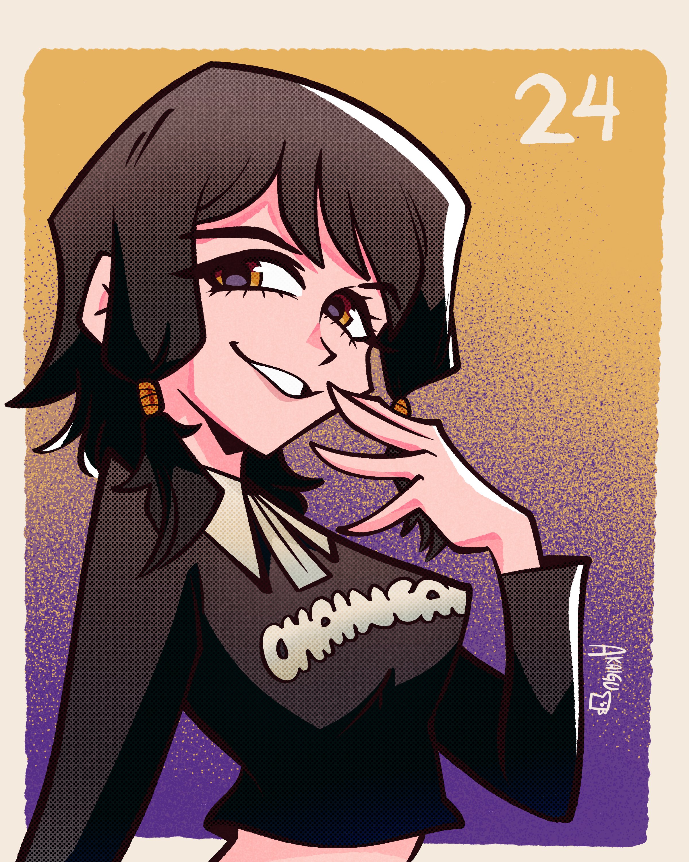 akaiguarts, mifune fumiko, chainsaw man, absurdres, highres, 1girl, black hair, black shirt, hand up, low-tied sidelocks, medium hair, shirt, sidelocks, solo, yellow eyes