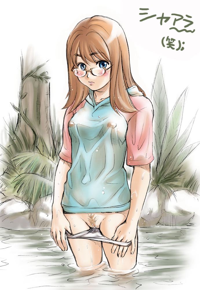sharla, mujin wakusei survive, light brown hair, 00s, 1girl, blue eyes, blush, breasts, brown hair, covered erect nipples, embarrassed, exhibitionism, female focus, female pubic hair, flashing, glasses, groin, hood, hoodie, long hair, nature, nipples, no bra, no pants, orange hair, outdoors, panties, panty pull, pubic hair, public indecency, pussy, raglan sleeves, see-through clothes, shirt, small breasts, solo, standing, tree, uncensored, underwear, water, wet, wet clothes, wet shirt, white panties