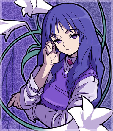 akaga hirotaka, menori, menori visconti, mujin wakusei survive, lowres, 00s, 1girl, adjusting hair, blue hair, brooch, close-up, female focus, flower, heart, heart brooch, jewelry, lily (flower), long hair, purple eyes, purple sweater vest, smile, solo, sweater vest
