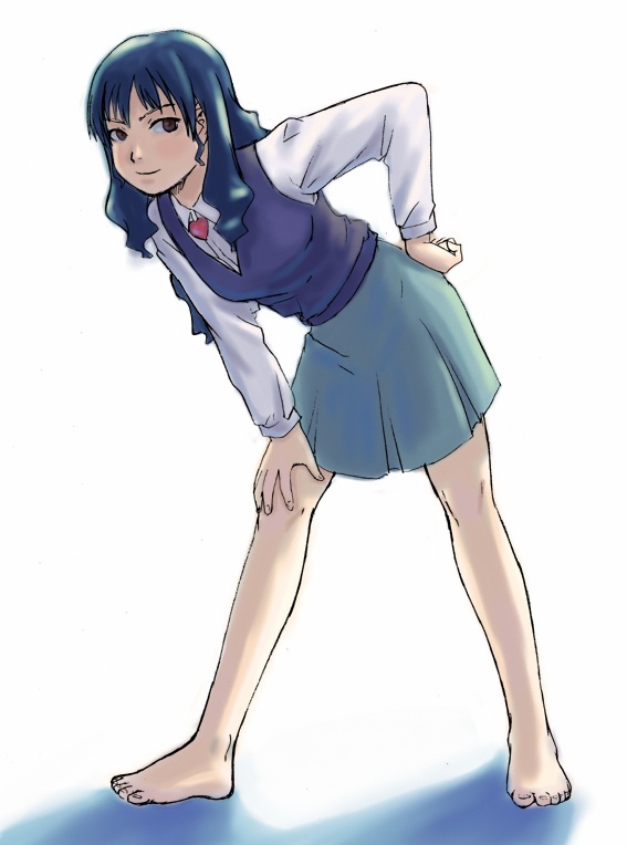 menori, menori visconti, mujin wakusei survive, 00s, 1girl, barefoot, blue hair, brooch, feet, female focus, heart, heart brooch, jewelry, leaning, long hair, purple sweater vest, skirt, smile, solo, sweater vest